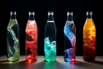Five glass bottles with vibrant colored lights and swirling smoke effects lined up against a dark...