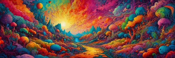 Fototapeta premium A whimsical digital painting with a forest path amid neon-like colorful flora under a sunset