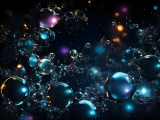 Glowing background with bubbles and stars bubbles isolated on black glowing background. Generative AI
