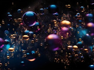 Glowing background with bubbles and stars bubbles isolated on black glowing background. Generative AI