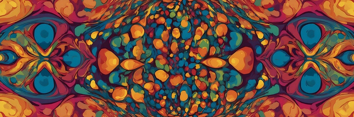 A symmetrical, kaleidoscope-inspired design dominates this image, featuring a complex pattern with orange, blue, and red hues