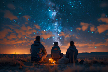 Stargazing friends around campfire in scenic desert night