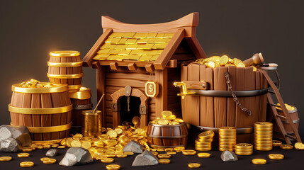 Asset of Gold mining isolation on dark background, Illustration