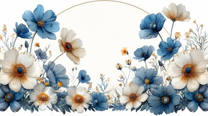 In this vintage modern botanical illustration in gold and blue, spring flowers are shown in an oval frame.