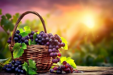 Twilight vineyard, ripe grapes in varied hues, rustic basket overflowing with bountiful harvest