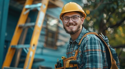 A smiling young electrician stands on a ladder with a screwdriver and a toolbox in his hands. Demonstrate confidence and expertise in maintaining, cleaning, repairing, or installing air conditioners.