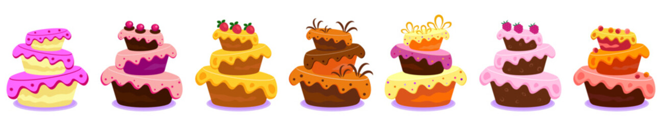 Set of cakes. Sweet pastries, vector.