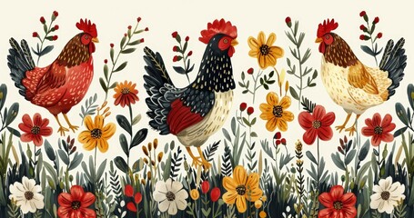 Stylish illustration with cartoons for prints, fabrics, and textiles. Seamless pattern of chickens and floral elements.