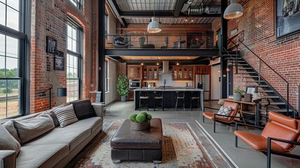 Industrial-chic ambiance of an urban loft with exposed brick walls, soaring ceilings, and modern fixtures, offering a stylish and contemporary living space. This high-resolution image is ideal for urb