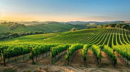 Picturesque vineyard in the countryside, with rows of grapevines stretching out towards the horizon under clear sky