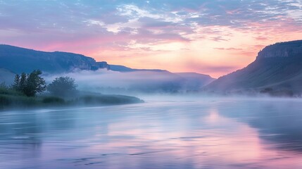 Serene beauty of a river valley at sunrise, with mist rising from the water and the sky painted in...