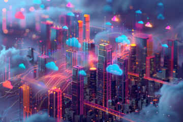 Abstract representation of a city's infrastructure with buildings morphing into cloud icons and data streams, illustrating the integration of cloud technology in urban development.