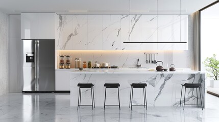 Sleek elegance of a modern kitchen with state-of-the-art appliances, marble countertops, and minimalist design. This high-resolution image is perfect for kitchen design magazines, luxury home listings