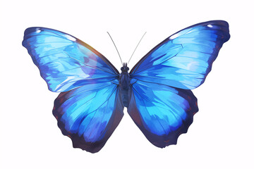 Close-up of a vibrant blue butterfly with detailed wings against a white background