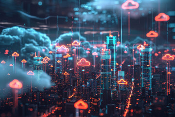 Fototapeta premium Abstract representation of a city's infrastructure with buildings morphing into cloud icons and data streams, illustrating the integration of cloud technology in urban development.