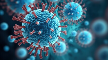 Viruses on a blue background under a microscope. Microorganisms like bacteria and viruses depicted in this concept for microbiology and the human genome
