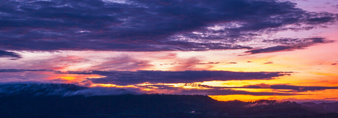 Banner purple sky sunrise dramatic beautiful landscape view. Dawn sky violet pink gold dusk time...