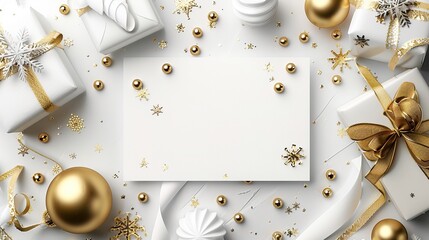 A photograph of Christmas ornaments. The ornaments are gold and white, and there are different types, including balls, snowflakes, and stars. The ornaments are arranged on a white surface, and there a