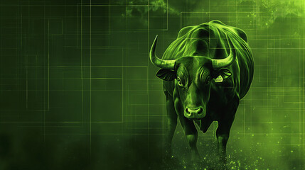 Green Bull with Financial Data Overlay