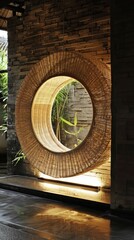 the smaller circular lamp brings a touch of nature to the room's lighting.