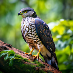 Naklejka premium large hawk cuckoo Immature Large Hawk Cuckoo, eagle hawk bird in brown with dots on tummy, yellow eye rings eating hairy worm on tree in Thailand, Asia green tree baground, 