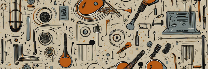 A seamless pattern featuring various hand-drawn musical instruments and notes over a textured beige background