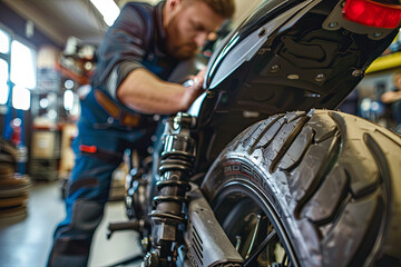 Motorcycle mechanic changing tire in specialized bike repair shop