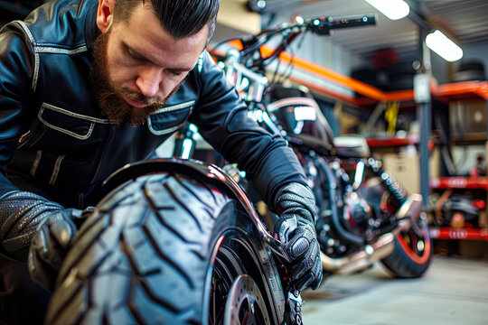 Motorcycle mechanic changing tire in specialized bike repair shop