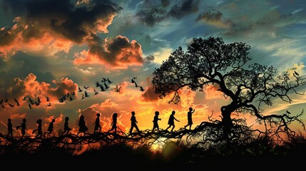 Fototapeta premium Self Development Concept: Journey of Silhouetted Figures Walking on Branches