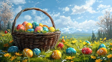 easter spring seasonal holiday grass decorated blue celebration basket egg green colored tradition april yellow nature