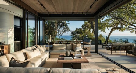 Fototapeta premium A modern living room with glass doors leading to an outdoor terrace overlooking the sea