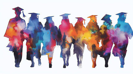 silhouettes of college graduate students walking, filled with colorful watercolor, on white background
