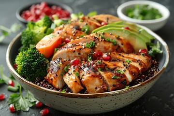 dinner meal lunch food vegetables chicken meat plate salad fresh green fillet grill dish delicious healthy