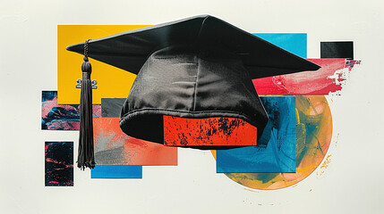 pop modern cool digital collage illustration of graduation cap, colorful geometric shapes, modern university depict