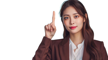 Confident young woman in business attire pointing upwards. Background and homepage contents.