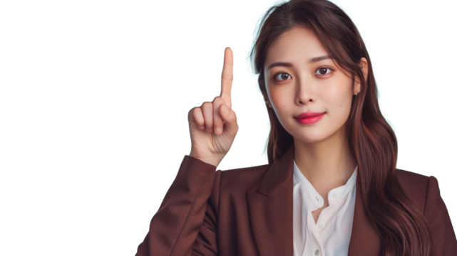 Confident young woman in business attire pointing upwards. Background and homepage contents.