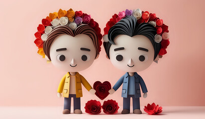 Cute male LGBT couple holding hands in front of hearts made of paper flowers paper cut style