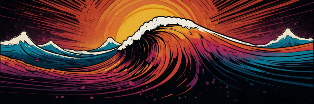 Digital artwork of vibrant waves implying motion and energy, with a retro comic style background