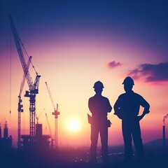 Fototapeta premium Silhouette engineer standing orders for construction crews to work on high ground heavy industry and safety concept over blurred nature background sunset pastel