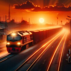 Sunset illuminates a cargo freight train as it travels along the tracks, carrying goods through the night, showcasing the essential elements of railway transportation and industrial travel.