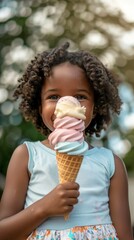 A young girl is holding an ice cream cone with a pink and blue swirl