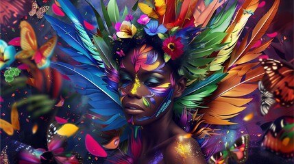 A colorful woman with wings made of paper flowers, a beautiful rainbow body art design, and vibrant hair is featured in the center of an abstract background. The artwork includes elements like