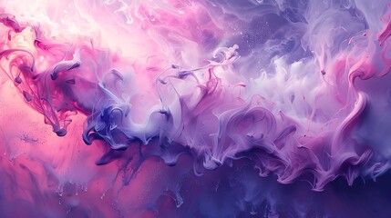 A purple and pink abstract painting with flowing ink clouds.