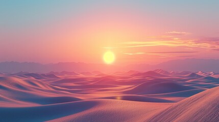 Sunset over a serene desert landscape with sand dunes and a clear sky