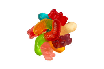 Assorted colorful gummy candies isolated on a white background. Top view. Jelly  sweets.