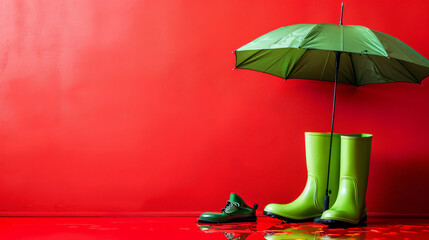 Open green umbrella and rubber boots on red background
