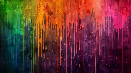 A vertical gradient of colors, from dark to light, with splashes and drips in different rainbow hues. The background is a textured surface that resembles wood or metal
