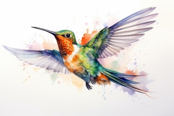 Artistic representation of a hummingbird with colorful watercolor splashes, symbolizing freedom and nature