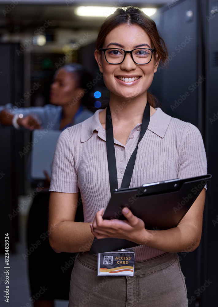Poster Woman, server room and tablet in portrait with smile in team for database cloud computing safety. Professional, software and business network developer with system technician for equipment repair.