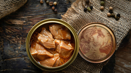 Open tin can of tasty cod liver on textured table top